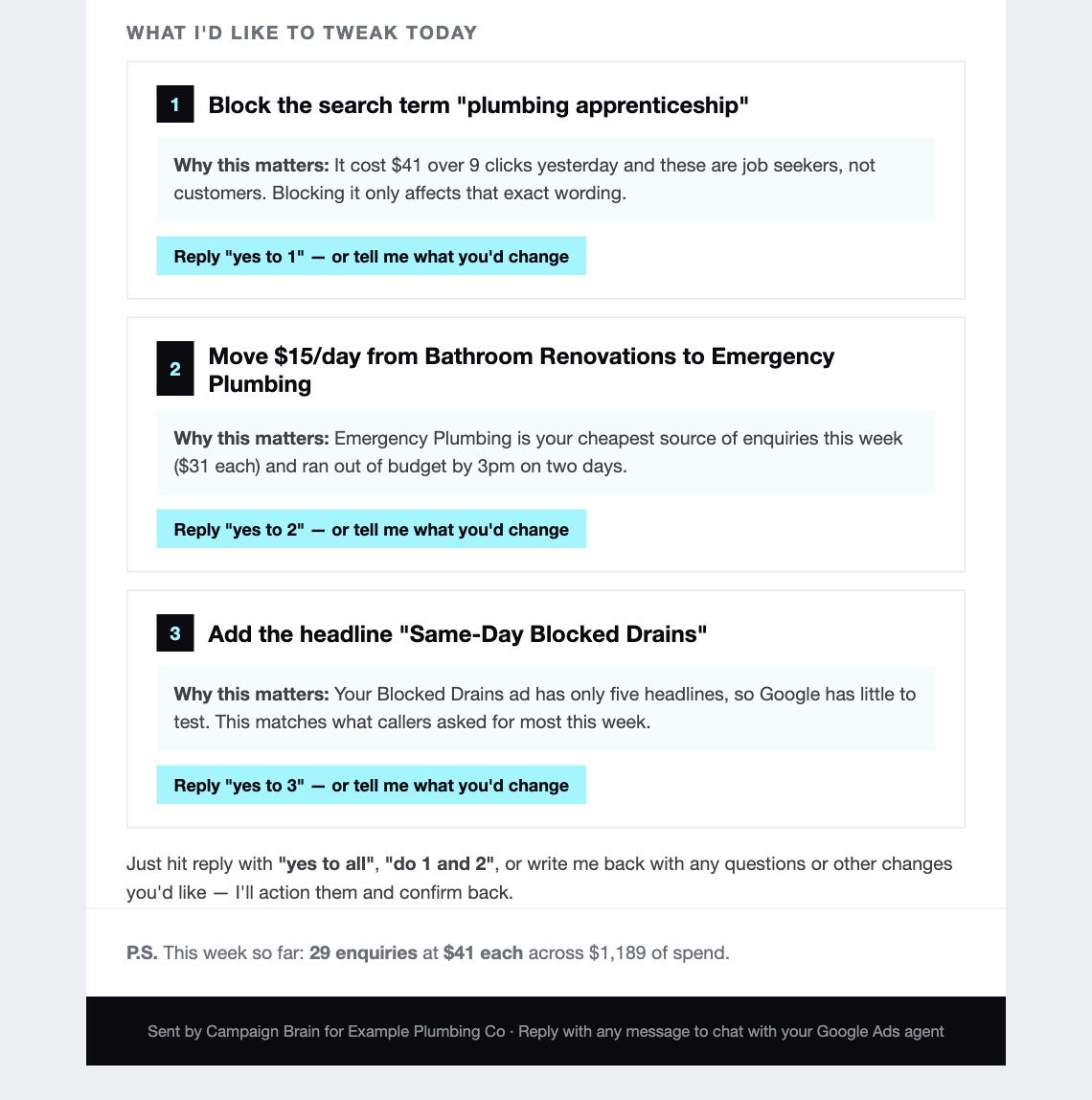 Bottom half of the example email showing three numbered tweaks, each with a reason and a reply instruction