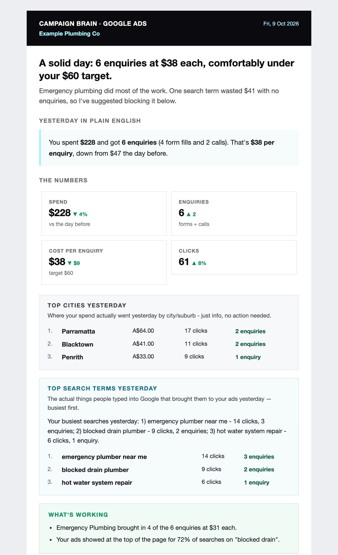 Top half of an example daily Google Ads email showing the headline, a plain-English summary, four number tiles, top cities, top search terms and what's working