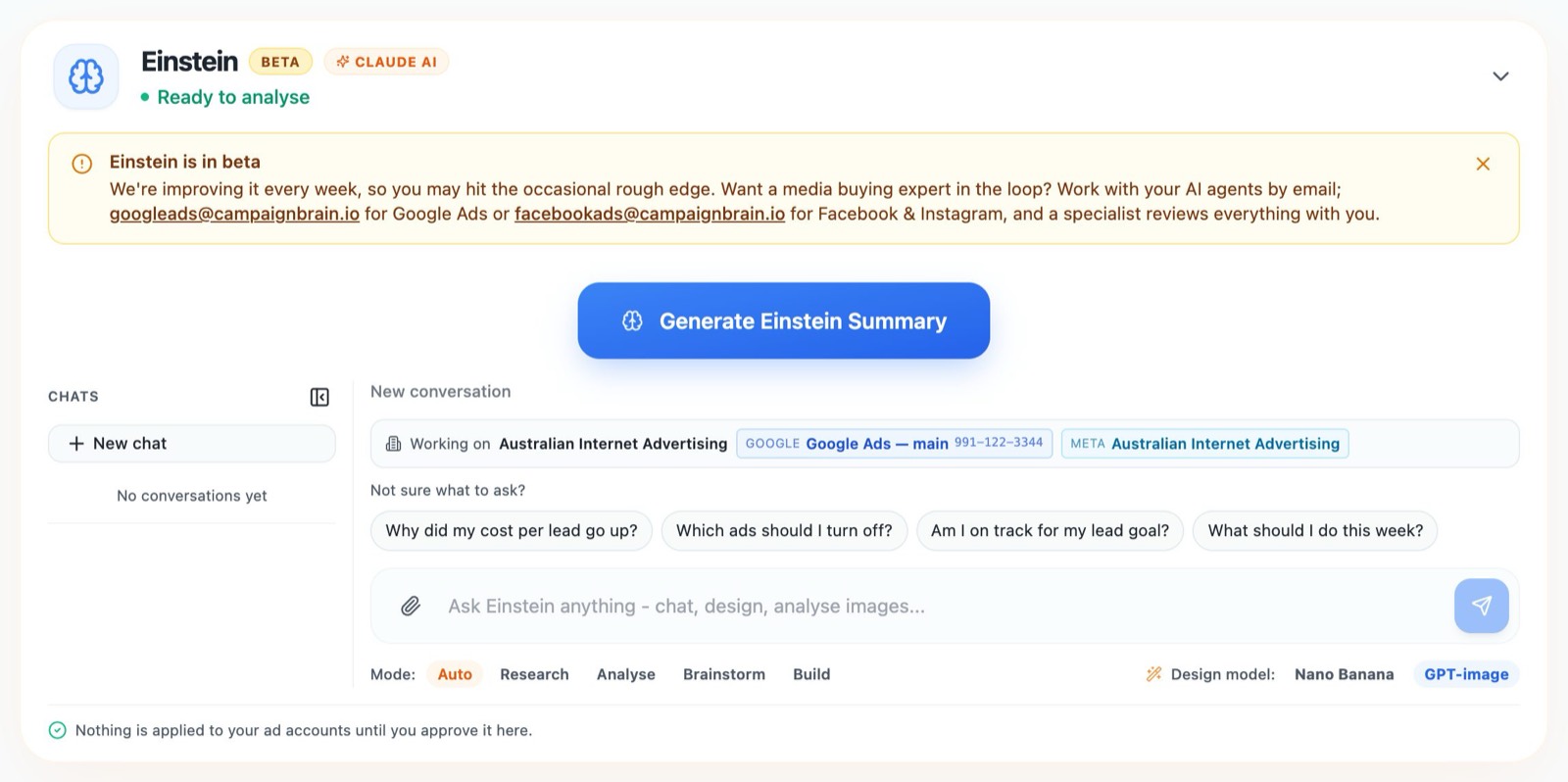 The Einstein panel with the Generate Einstein Summary button and suggested questions