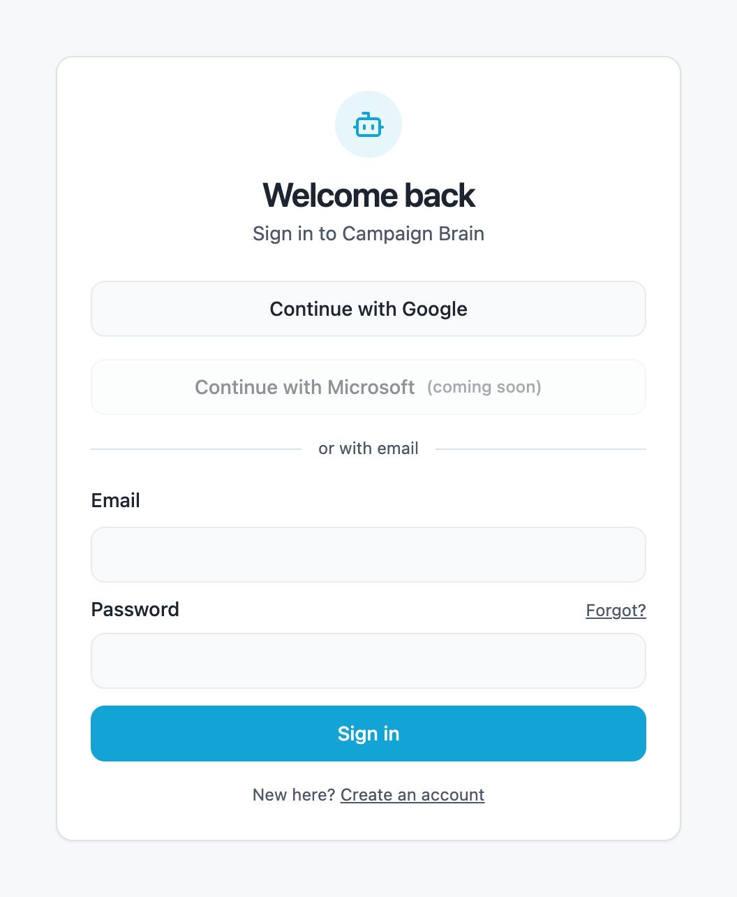 The Campaign Brain sign-in page with Continue with Google and email sign-in