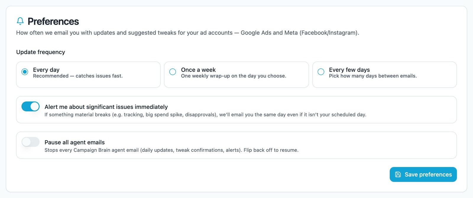 The Preferences tab with update frequency options, instant alerts and pause all agent emails
