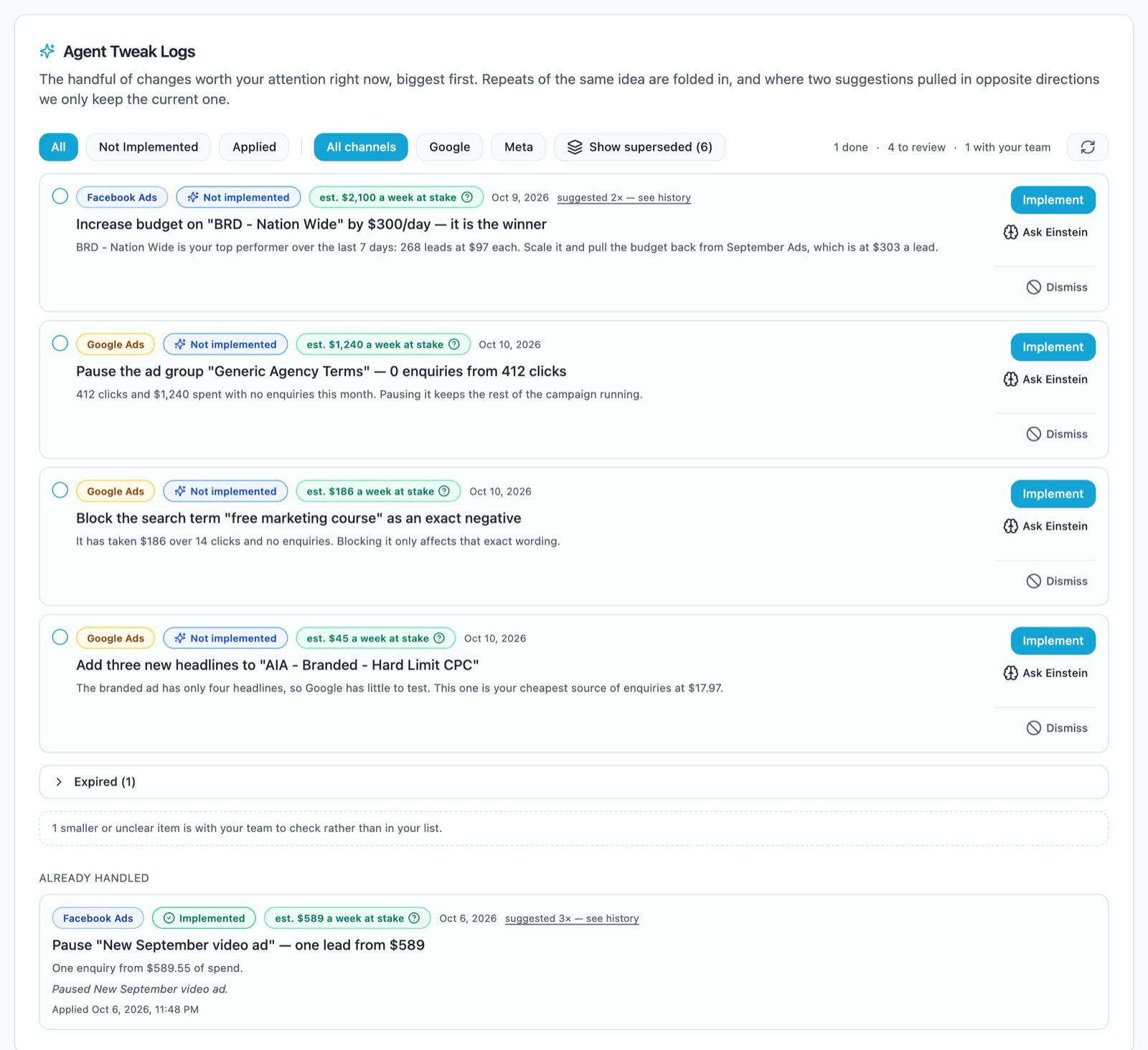 The Tweak Logs tab with four suggestions waiting for review and one already handled